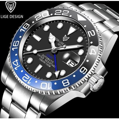 Relogio Masculino LIGE Top Brand New Men Automatic Watch Waterproof Sport Mechanical Wristwatch Luxury Stainless Steel GMT Watch
