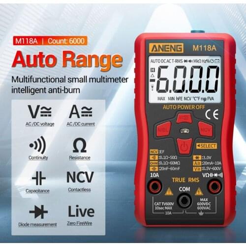 Digital Handheld Multimeter Tester 6000Counts Auto Multimetro True RMS AC DC Tranistor Meter with NCV Data Hold Flashlight