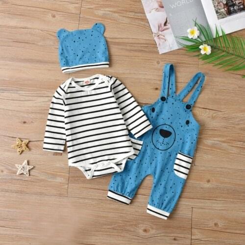 Boys And Girls Spring And Fall Long Sleeve Striped Hatsuit Cartoon Strap Pants Instagramable Three Piece Set
