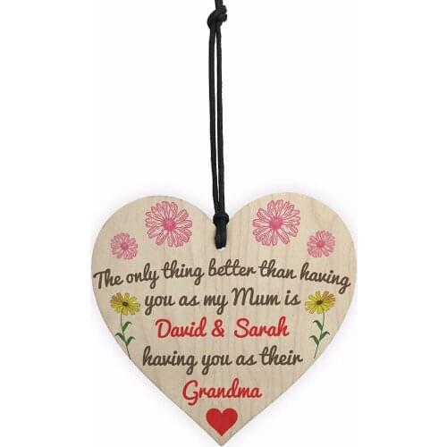 Meijiafei My Children Having You As Grandma Personalised Hanging Heart Mothers Day Sign(Leave custom name,who & who)