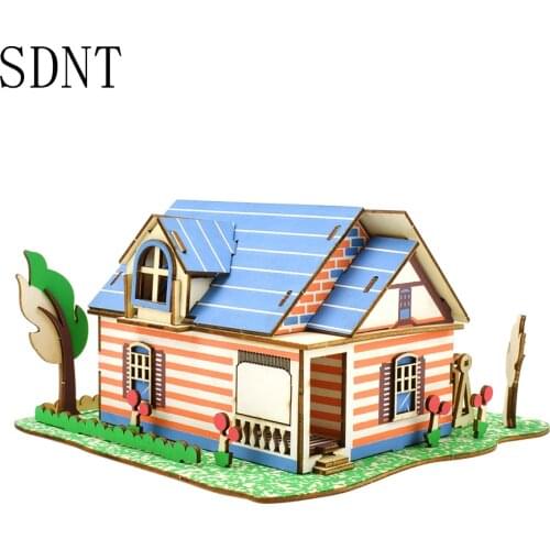 Villa Model Wood Puzzle 3D Wooden Toys for Children DIY Graffiti Color Fontainebleau Building Model Kit Kids Educational Toys