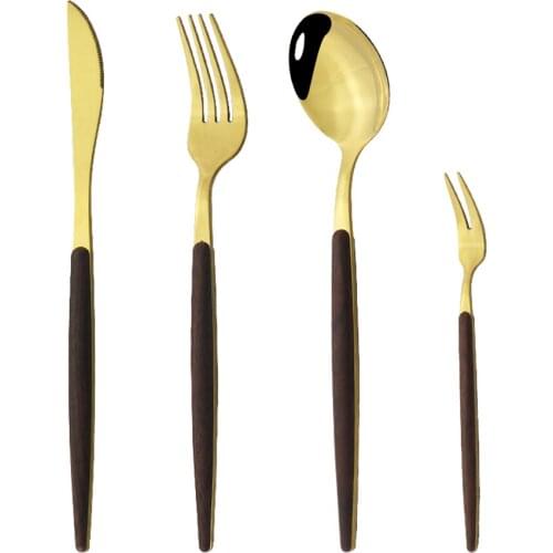 Dinnerware Set With Wooden Handle 4Pcs Gold Flatware Cutlery Set Coffee Spoon Dinner Knife Fish Fork Silverware Tableware Set