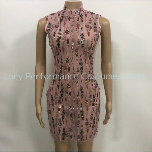 New pink mesh crystal Sequin embroidered sleeveless dress birthday party stage sexy transparent performance dress