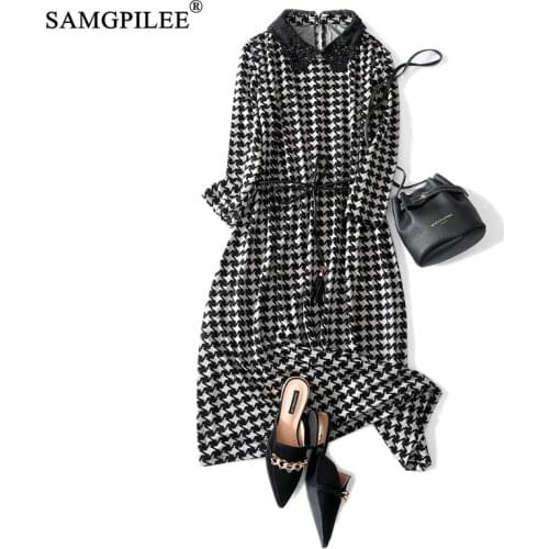 Autumn Clothes For Women 2021 Casual Dress A-line Print Three Quarter Sleeve Sashes Plus Size Turn-down Collar Dresses For Women