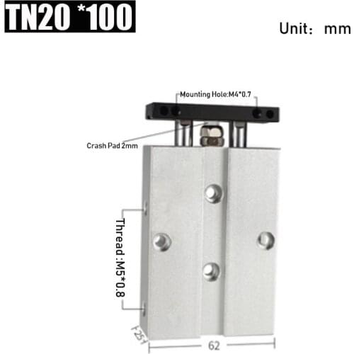 Bore 20mm Stroke 100mm Double Axis Air Cylinder Aluminum Alloy TN Type Pneumatic Cylinder