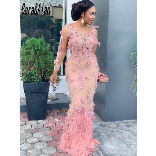 Luxurious Aso Ebi Mermaid Evening Dresses Beaded Long Sleeves Prom Dress Ostrich Feather Formal Party Second Reception Gowns