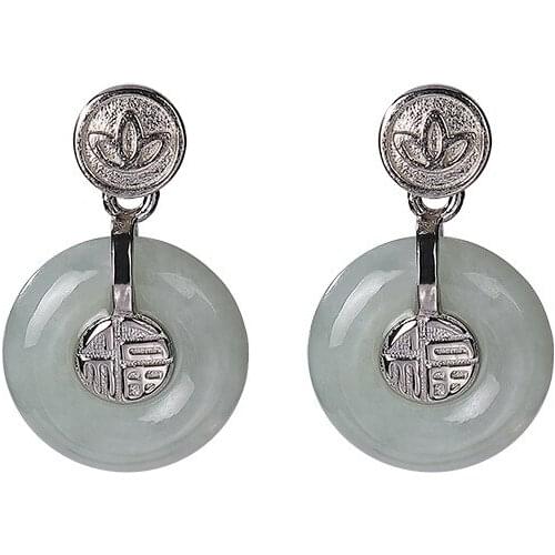 S925 sterling silver natural emerald stud earrings retro personality fu character Lotus peace buckle earring pendant for ladies