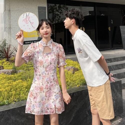 Couples wear summer beaded modified cheongsam floral chiffon dress couples clothes couples clothing