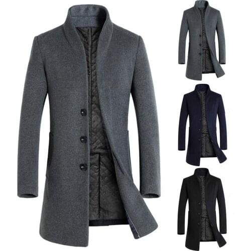 Men Winter Long Sleeve Stand Collar Buttons Pockets Warm Woolen Trench Coat
