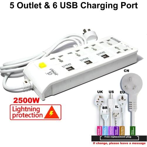 EU UK US type Universal Power Strip Socket and 6 USB Charger Ports with Lightning protection