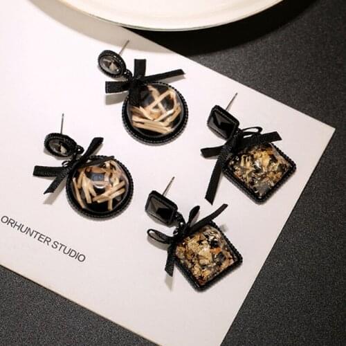 Vintage Geometric Square Round Drop Earrings Black Bowknot Acrylic Crystal Dangle Earrings For Women Fashion Jewelry Party Gift