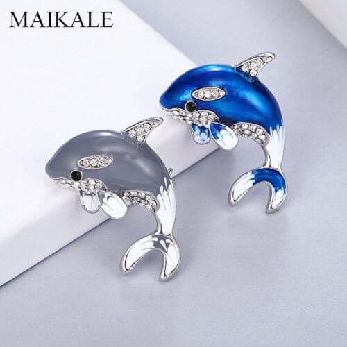 MAIKALE Lovely Enamel Dolphin Brooch Pins Animal Broche Crystal Fish Brooches for Women Kids Clothes Suit Bag Accessories Gifts