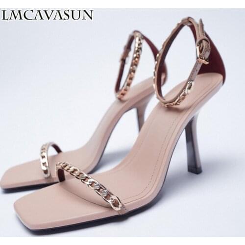 LMCAVASUN Womens Shoes Chain Buckle High Heel Sandals Fairy Summer 2021 New Square Toe Chain Ankle Strap Sandals
