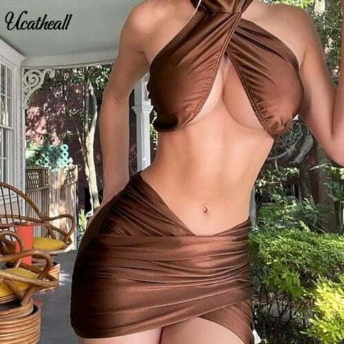 Satin Sleeveless Two Piece Matching Set Women Cross Halter Crop Top Skirt Set Summer Birthday Fashion Sexy Mesh Patchwork Clothe
