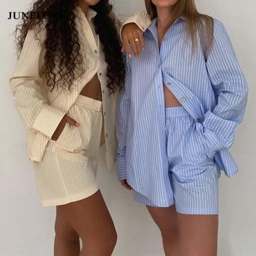 JuneLove Loung Wear Tracksuit Women Shorts Set Stripe Long Sleeve Shirt Tops + Loose High Waisted Mini Shorts Two Piece Set 2021