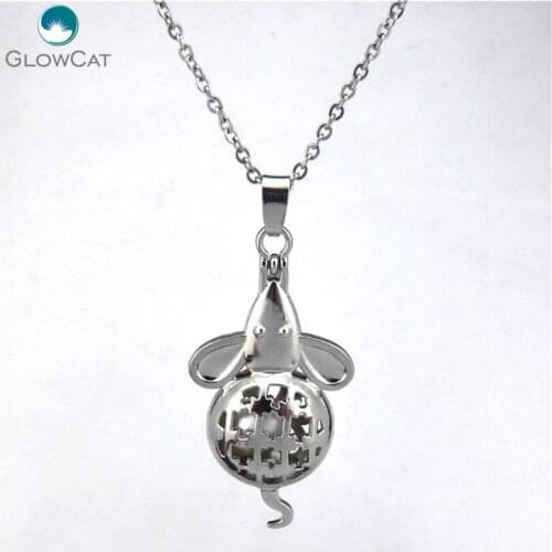 K115 Silver Magnetic Mouse Rats Pearl Cage Locket Necklace Stainless Chain 18" Aroma Essential Oil Diffuser Locket