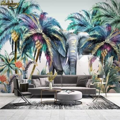 Beibehang Custom 3d wallpaper hand drawn forest animals tropical plants elephant coconut tree background wall painting