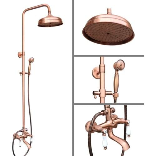 Antique Red Copper Brass Dual Ceramic Handles Bathroom 8 Inch Round Rain Shower Faucet Set Tub Mixer Tap Hand Shower mrg571
