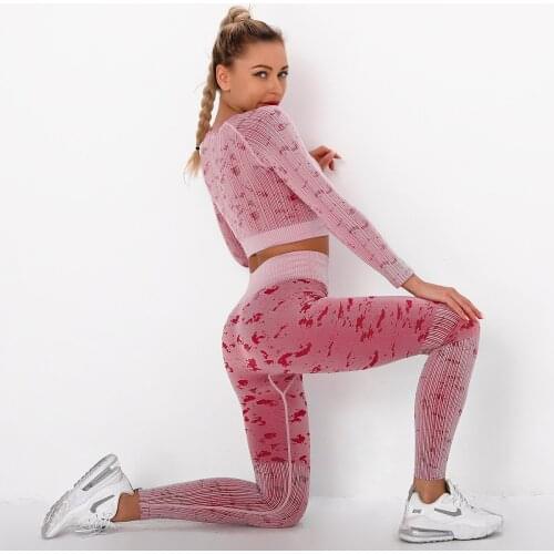 Seamless knitted sexy beauty back jacquard top long sleeve yoga suit sports running fitness pants women