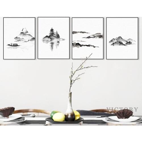 Black White Art Chinese Ink Mountain Lake Scenery Poster Living Room Wall Art Print Picture Oriental Home Decor Canvas Painting