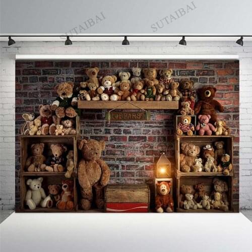 Kids Portrait Toy Bear Brick Wall Backdrop Baby 1st Birthday Cake Smash Photography Background Warm Light Props Photo Studio