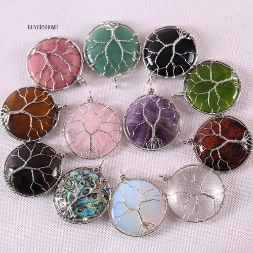 Tree of Life Wire Wrap Zinc Alloy Natural Round Gold Tiger Eye White Crystal Quartz Pink Rhodonite Necklace Pendant 1Pcs