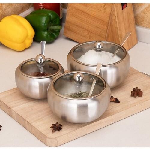 Stainless Steel Seasoning Pot Pepper Jar Spice Salt Container with Spoon Glass Cover Home Restaurant Kitchen Supplies