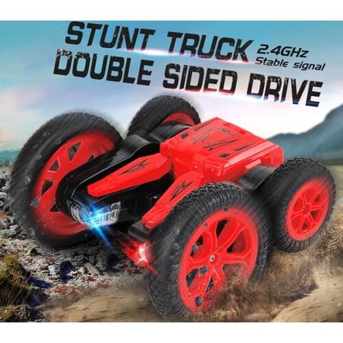 Remotely rotated double-sided stunt car 2.4G child charging deformation toy with light dumper ca