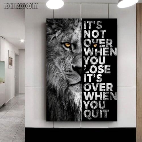 Animal Wall Art Painting Lion Poster Its Over When You Quit Insparing Phrase Canvas Prints Picture for Living Room Wall Decor