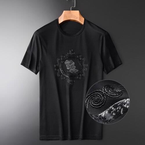 Classic Summer Men T-shirt Luxury Sequin Embroidery Short Sleeve Mens T-shirts Plus Size 4xl Fashion Slim Fit Thin Man Tee