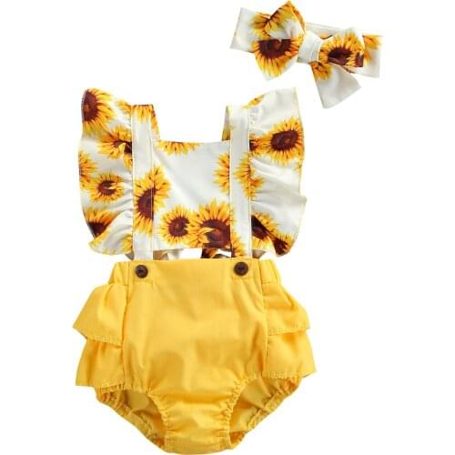Newborn Baby Girl Clothing Sunflower Print Romper Headband 2Pcs Summer Fly Sleeve Outfits Sunsuit for 0-24Months