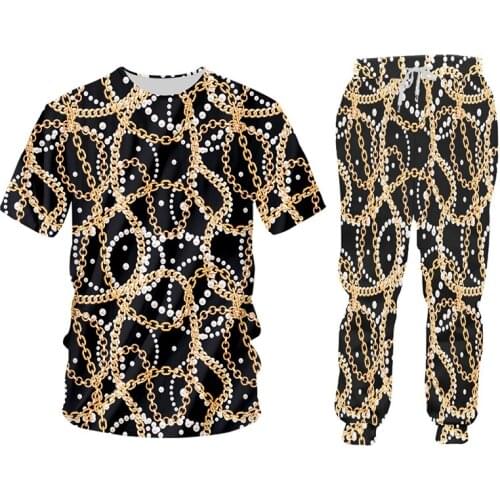 OGKB 2 Pieces Suit Mens Baroque Style 3d Printed Golden Chain Luxury Sweatshirts And Jogger Pants Women Set Pullover Tracksuits