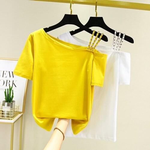 Summer Fashion Tshirt for Women 2020 New Korean Style All-match Off-Shoulder Slim Shirt Short Sleeve T-shirt Diamond T Shirts
