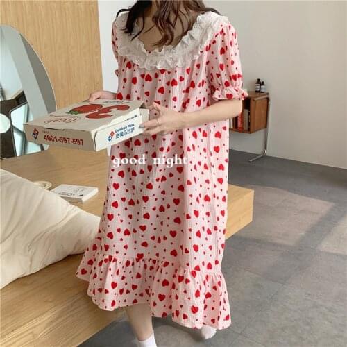 Lovely Heart Print Summer Nightgown Sleepwear Korean Kawaii Sweet Cotton Nightwear Home Clothes Lace Patchwork Square Collar