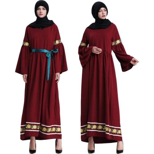 Muslin Stitching Lace Bell Sleeve Dress Womens Robe Arabic Robe ~ Send Belt clothes for muslim women