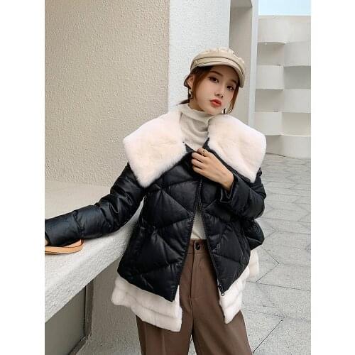 Real Sheepskin Leather Jackets Women 90% White Duck Down Coat Female Rex Rabbit Fur Collar Women Jacket Cuero Genuino Zjt1741