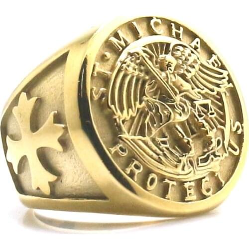 Newest Unisex Cross Saint Michael Protect US 316L Stainless Steel Gold-Color Ring