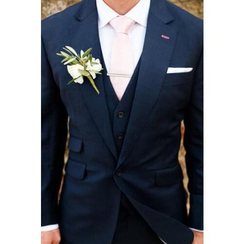 2020 New Arrival Slim Fit One Button Groom Tuxedos Navy bule Bridegroom Best Man Prom Men Suits 3 Pcs(Jacket+Pants+vest+Tie)