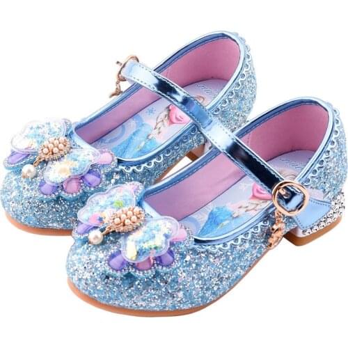 Disney Girls Princess Shoes Frozen Crystal Shoes Elsa Leather Shoes Autumn New Childrens High Heels Cartoon Sandals