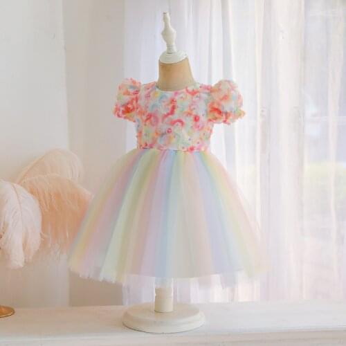 OPPERIAYA Summer Baby Girl Princess Dress Back Zipper Colorful Puff Sleeve Flower Dresses for Holiday Birthday Party Photography