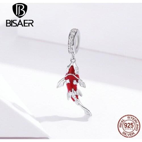 BISAER Lucky Charms 925 Sterling Silver Red Lucky Carp Shape Charms Beads fit Girlfriend Bracelets Silver 925 Jewelry EFC085