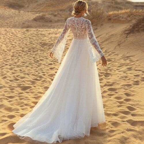 Romantic Boho Wedding Dresses 2021 Lace Bohemian Bride Dress Glitter Beads Flare Long Sleeve Wedding Gowns O Neck Dots Tulle