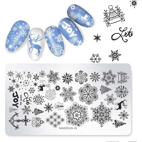 Christmas Nail Stamping Plate Snowflakes Bear Rectangle Template Santa Elk Nail Art Printing Stencil Tool