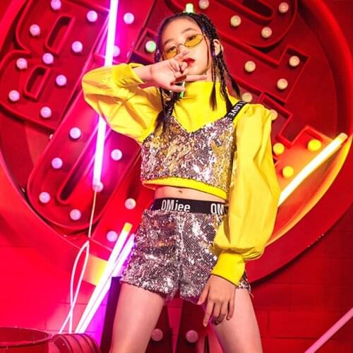 Stage Costume For Girls Jazz Dancing Performance Clothes Summer Sequins Puff Sleeve Set Hip Hop Street Dance Outfit VDB4127