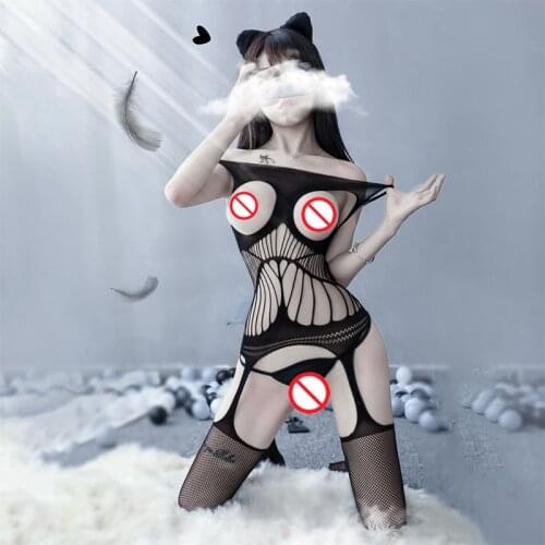 Sexy Lingerie costumes Lace Off Shoulder Fishnet Bodysuit Women Topless Mesh Sex Clothes Perspective Open Crotch Body Stockings