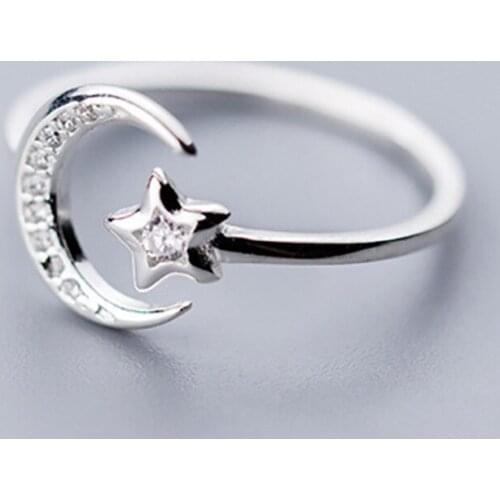 Silver Minimalist Zircon Moon Star Opening Ring For Charming Women Party Fine Jewelry Cute 2021 Gift