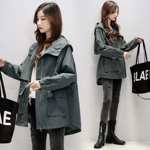 Spring Autumn Loose Hooded Jackets Female Windbreaker Plus Size Women Coat Mid-length Basic Overcoat Zipper Outerwear Tops