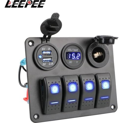 4 Gang LED Rocker Switch Panel Digital Voltmeter Dual USB Port Circuit Breaker Aluminum Panel 12V/24V for Car RV Camper Caravans