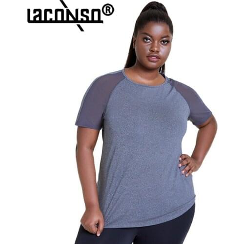 LACONSO 2021 Spring Summer Yoga Blouse Loose Plus Size Sports Short-Sleeved T-Shirt Womens Mesh Gym Clothes Top