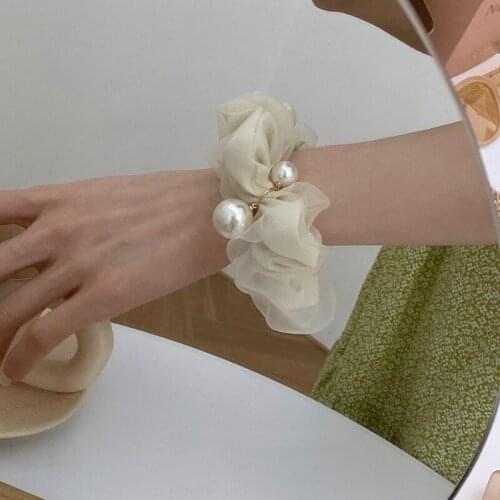 Korea pure lust milk tea color mesh pearl rubber band hair ring female net red 2021 new fairy headdress